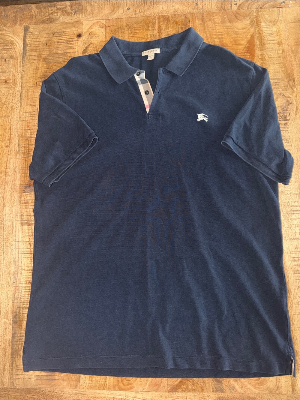 Burberry Navy Polo with Signature Check Placket and White Logo